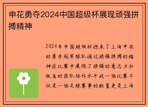 申花勇夺2024中国超级杯展现顽强拼搏精神 申花勇夺2024中国超级杯展现顽强拼搏精神