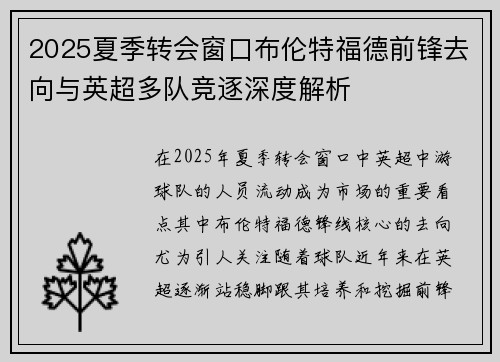 2025夏季转会窗口布伦特福德前锋去向与英超多队竞逐深度解析